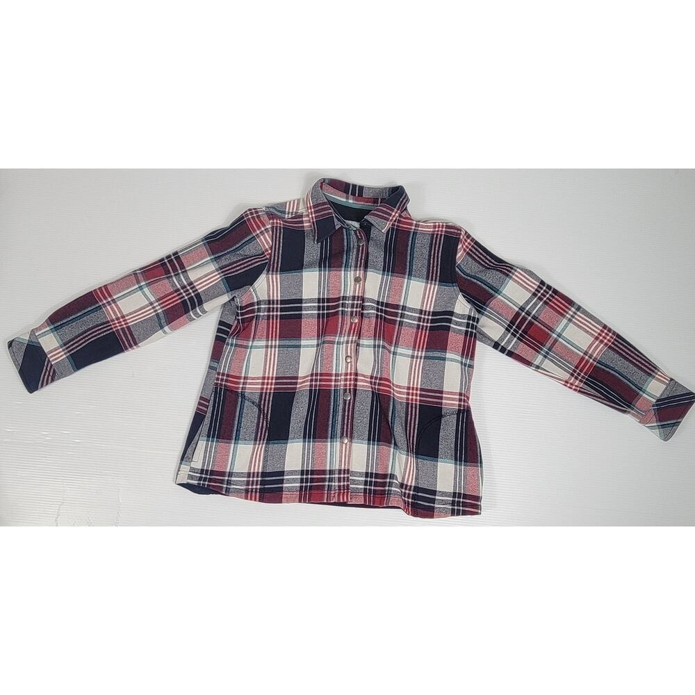 Orvis Womens Large Plaid Tartan Red Blue Shacket Jacket Fleece Lined 1316588‎